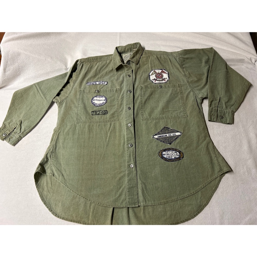 Vintage Y2K Citron Vert Olive Green Long Sleeve Military‎ Look Patches Shirt WS